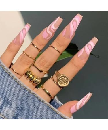 Vatocu Long Pink Matte Coffin Press-On Nails | 24pcs Acrylic Glue-On False Nails for Women & Girls - International Shipping Available - Buy Online on SooperMarket.com