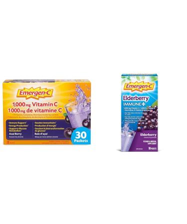 Emergen-C Immune Support Fizzy Drink Mix A Boost of Vitamins and Minerals Acai Berry 30 Sachets & Vitamin C Powder Supplement Drink Mix with Electroyltes Immune Plus Elderberry 18 Packets Acai Berry+ Elderberry 30 count (Pack of 1)