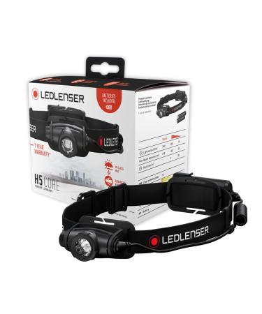 Ledlenser H5 Core headlamp LED 350 lumens waterproof IP67 focusable swiveling continuously dimmable 2xaa battery operations light width 160m including batteries headlamp
