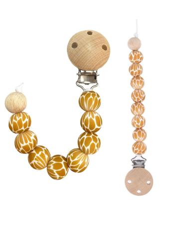 Minkii Wood Pacifier Clip for Babies | Wooden Pacifier Clip in Neutral Tones for Boys and Girls Baby Pacifier Clips  Boho Pacifier Clips Baby Girl  Pacifier Clips for Boys (Giraffe)