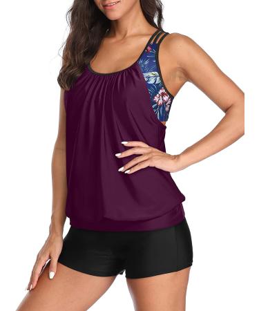 Yonique Dark Purple X-Large Two Piece Tankini Swimsuit Set | Blouson Swim Top with Boy Shorts | Women's Athletic Swimwear - Buy Online on SooperMarket.com