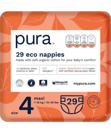 Pura eco-diapers size 4 (maxi 7-18 kg) 29 diapers (1 pack) certified with EU Ecolabel for sensitive skin made of organic cotton odorless hypoallergenic 12 hours of outlet protection size 4 (29 diapers)