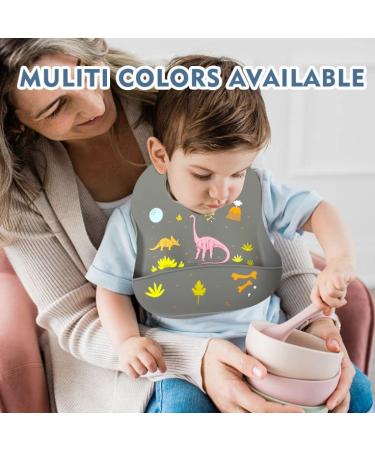 Soft Silicone Baby Feeding Set with Adjustable Bib, Suction Bowl, Plate, Straw Cup, and Utensils - Baby Led Weaning Supplies with Cute Patterns | Space & Dinosaur Design - Buy Online on SooperMarket.com