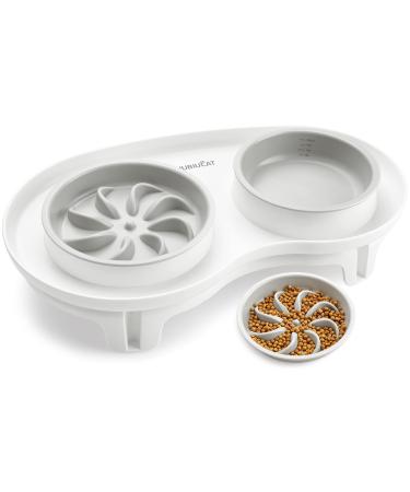 Elevated Cat Slow Feeder Bowl: Anti-Vomiting Bloat Stop Raised Food & Water Bowl for Kitten Healthy Eating - No-Spill / Non-Slip Shallow Puzzle Bowl for Puppy Small Dogs White