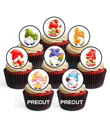 PRECUT Summer Gnomes Edible Cupcake Toppers - Ice Cream Gnomes Theme Premium Thickness SWEETENED VANILLA - wafer card disc cake decorations (Pack of 12)