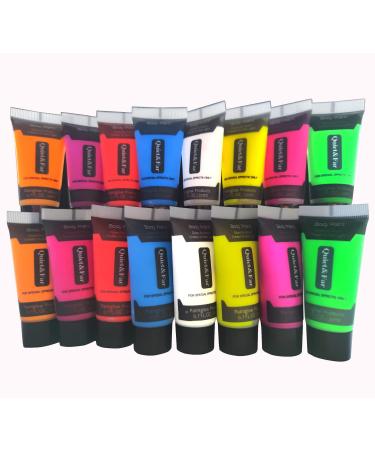 Quiet&Far Body Paint Set with tubes 16 x 0.7 fl oz (8 colors)Neon Glow in the dark paint face paint Blacklight Reactive Fluorescent Paint Non-Toxic, SL_LC_16PCS