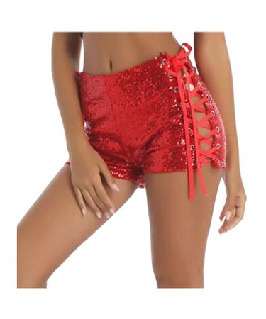 Duohropke women metallic hot pants sequins glitter shorts with high waist sexy short trousers shorts for dance sport disco costume carnival carnival m 02 red