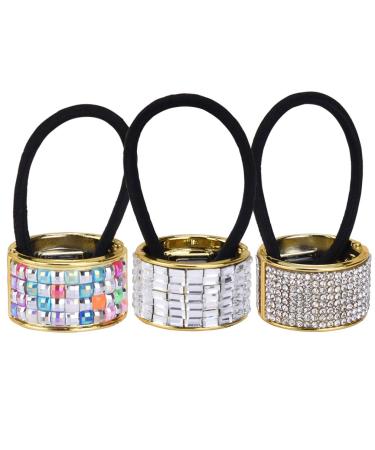 DEEKA Rhinestone Glitter Ponytail Holder Hair Cuffs Elastic Hair Tie Band Pack of 3 for Women Color C