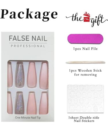 RUNRAYAY Pink French Press on Nails with Sequins Design - Gradient Fake Nails for Women | Acrylic Full Cover Coffin Spring Summer - Buy Online on SooperMarket.com