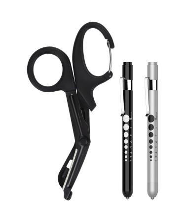 GRICARE 3-Pack Trauma Shears and Pen Light for Nurses LED Medical Penlights with Pupil Gauge Medical Bandage Scissors with Carabiner-7.5" Surgical Scissors for Nurses Doctors Nursing Students EMT Black Shear+black&silver Penlights