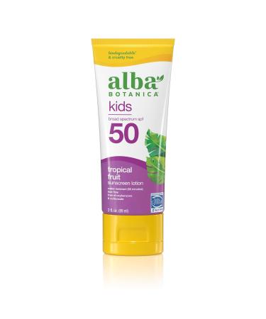 Alba Botanica Kids Sunscreen for Face and Body, Tropical Fruit Sunscreen Lotion for Kids, Broad Spectrum SPF 50, Water Resistant and Hypoallergenic, 3 fl. oz. Bottle