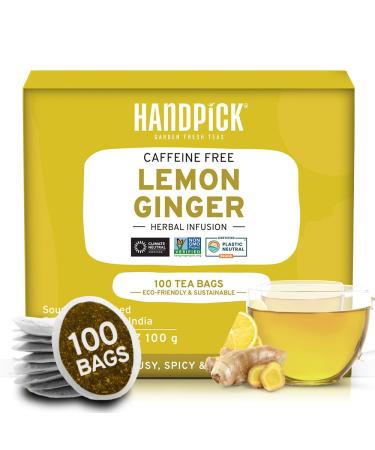 HANDPICK Lemon Ginger Tea Bags (100 Count) 100% Pure Ingredients - Lemongrass Licorice Lemon Ginger | Round Herbal Tea Bags | Brew Hot/Kombucha Tea or Cold Brew Lemon Ginger Tea 100 Count (Pack of 1)