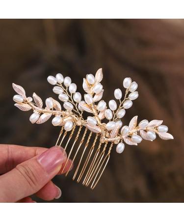 Foyte Wedding Crystal Hair Comb Gold Pearl Bride Headpiece Leaf Side Hair Combs for Women and Girls
