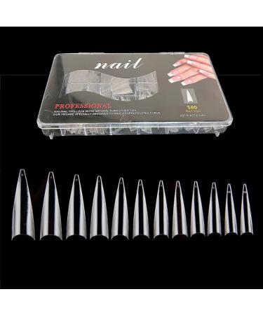 JZK 500x Clear Extra Long Half Cover Stiletto Nail Tips For Acrylic Extensions Long Pointy False Nail Tips For Gel And Acrylic Nails Finger Nail Extension Tips For Nail Salon