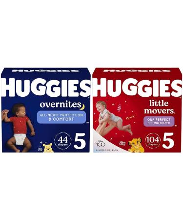 Huggies Overnites Nighttime Baby Diapers and Huggies Little Movers Diapers | Size 5 148 Ct Size 5 (44 Count) New+ Diapers