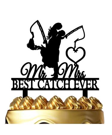 ximoogoooz Funny Fishing Wedding Cake Topper - Best Catch Ever - Groom Hugging Bride Fishing Couple Cake Topper Mr&Mrs Wedding Cake Topper (Fishing Couple)