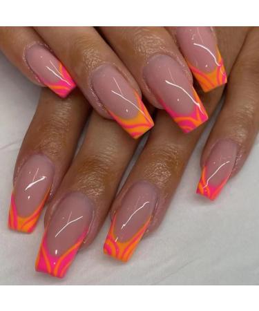 RUNRAYAY 24pcs Orange Press on Nails Medium French Tips Artificial Nails Fake Nails Glue on Nails for Women and Girls