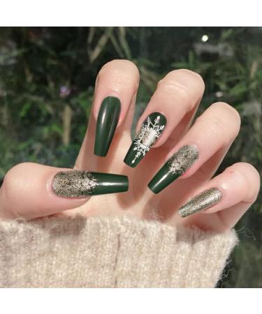 Vatocu Christmas False Nails Long Xmas Press on Nails Snowflakes Glitter Fake Nails Ballerina Acrylic Stick on Nails for Women and Girls(24pcs)