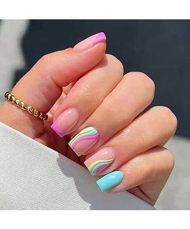 24Pcs Short Square Rainbow Press on Nails - Colorful Rainbow Swirl French Tip Fake Nails/Glossy Rainbow False Nails Includes Nail Glue on Nails Full Cover Acrylic Nails for Women and Girls (Rainbow)