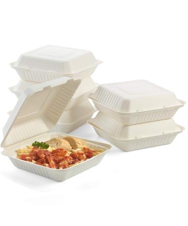 Vallo 100% Compostable Clamshell To Go Boxes For Food 8X8" 1-Compartment 50-Pack Disposable Take Out Containers, Made of Biodegradable Sugar Cane, Eco-Friendly Bagasse, Heavy-Duty ToGo Containers For Food 1-Compartment 8x8"