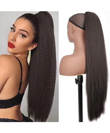 PORSMEER 30 Inch Yaki Straight Drawstring Ponytail Clip In Extensions for Women Kinky Straight Pony Tail Extensions Hair Extensions Ponytail (Natural black)