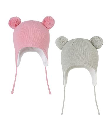 LANGZHEN Toddler Kids Infant Winter Hat Earflap Knit Warm Cap Fleece Lined Beanie for Baby Boys Girls 6-12 Months Classic -Pink+Grey