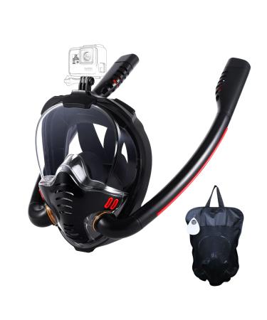 HJKB Full Face Snorkel Mask with Anti-Fog Wipes, 180 Degree Panoramic HD View Snorkeling Mask, Anti-Leak Dry Top Set for Adults and Kids Black Large-X-Large