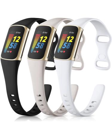 Maledan 3 Pack Bands Compatible with Fitbit Charge 5 Advanced Fitness Tracker Soft Slim Sport Waterproof Replacement Accessory Wristbands for Women Men Black/Gray/White