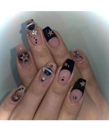Hkanlre Medium Press on Nails Sqaure Black Fake Nails Planet Full Cover Rhinestones False Nails for Women and Girls 24PCS