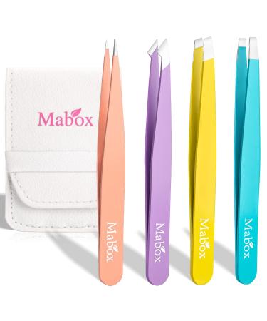 Mabox Professional Tweezers Set with Case - 4 Pieces Slanted and Pointed Stainless Steel Tweezers Set, Precision Slant Tweezers for Eyebrows, Facial Hair, Ingrown Hair, Splinter and Blackhead (White) AWhite