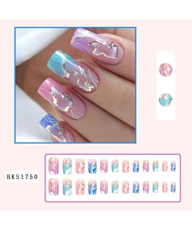 Colorful Press on Nails - 24Pcs Medium Length Glossy Fake Nails with Gold Foil & White Gradient | Reusable Acrylic Stick on Nails for Women - Buy Online on SooperMarket.com