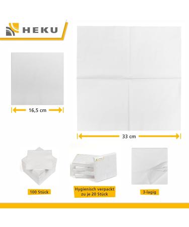 HEKU 100 White Napkins - 3-Layer 33x33cm | Highly Absorbent & Stylish | Perfect for Events & Gastronomy | Practical 5-Pack - Buy Online on SooperMarket.com