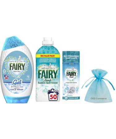 Fairy Non Bio Laundry Washing Pack: Non Bio Laundry Washing Gel 24w 840ml & Fresh Fabric Conditioner 50w 1.65L & In-wash Scent Booster Beads 176gr Almond Milk & Manuka Honey Scent