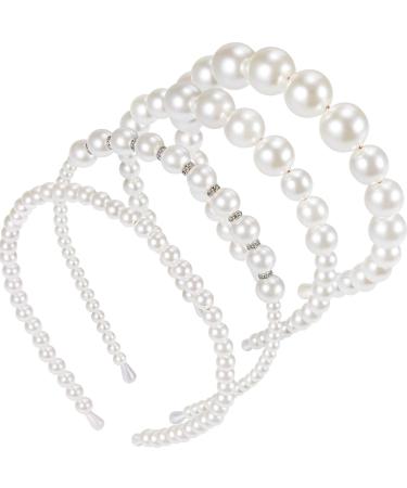 4 Pieces Pearls Headbands White Faux Pearl Rhinestones Hairbands Bridal Hair Hoop Wedding Hair Accessories for Women Girls (Style Set 1)
