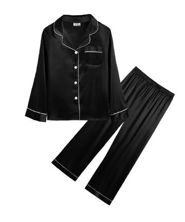 SWOMOG Unisex Kids Silk Pyjama Set Girls Boys Satin Pyjamas Long Sleeve Button Down PJs Soft & Silky Sleepwear for Children Baby Teenage 4-5 Years Black