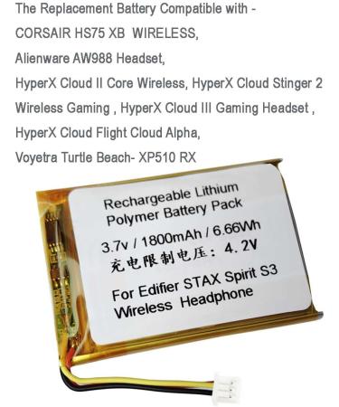1800mAh Battery Replacement for Edifier STAX Spirit S3 & Compatible with Corsair HS75 XB Alienware AW988 HyperX Cloud & Turtle Beach XP510 RX - Buy Online on SooperMarket.com