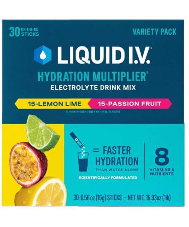 Liquid IV Hydration Multiplier Drink Mix - 30 Individual Stick Packets - Variety Flavors Lemon Lime and Passion Fruit - 480 Grams