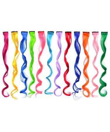 12 Pcs Colored Hair Extensions Colored Hair Clips Curly Wavy Synthetic Hairpieces Multi-colors Party Highlights Clip for Women Kids Girls (Colorful Set Curly Wavy)
