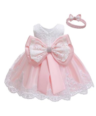 LZH Baby Girls Lace Dress Bowknot Flower Dresses Wedding Pageant Baptism Christening Tutu Gown 0-24 Months 4-5 Years Baby Pink