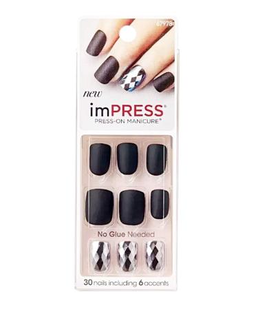 Kiss imPress Press-On Manicure Matte Black Nails 67978 Claim to Fame (Matte Black Nails w/Shiny Silver-Toned Accent Nails)