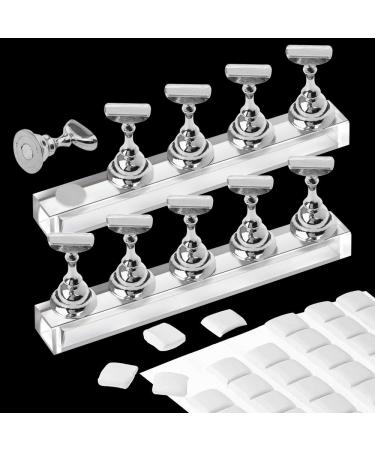 Kalolary 2 Set Acrylic Nail Stand for Painting Nails Press On  Fake Nail Tip Holders Magnetic Practice Stands with White 100 Pcs Reusable Adhesive Putty for Nail Art DIY(Silver)