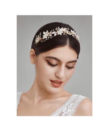 SWEETVFlower-Leaf Bridal Headpieces for Wedding Crystals Tiara for Bride Wedding Hair Accessories for Women Girl Gold
