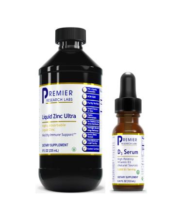 Premier Research Labs Liquid Zinc Ultra (Liquid Zinc Assay) (8 fl oz) and D3 Serum (0.46 fl oz)