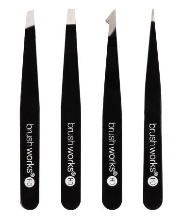 Brushworks HD 4 Piece Combination Tweezer Set - Black | Precision Eyebrow Grooming Kit - Buy Online on SooperMarket.com