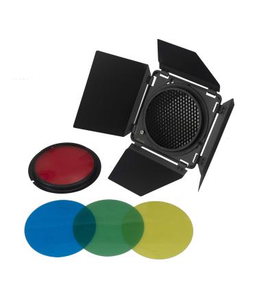 WELLMAKING (Barn Door) Barndoor with Honeycomb Grid and 4 Color Gel Filters (Red Orange Blue Green) for Any Led Lights, Itself Designed with Bowens Mount on The Back