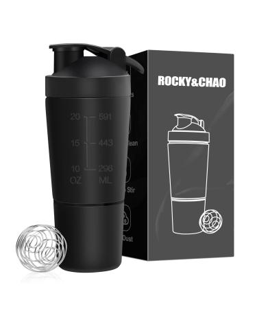 Protein Shaker Bottle 700ML with Mixball & Protein Compartment 200ML Premium Stainless Steel Protein Shaker Leak-Proof Metal Shaker BPA Free Fitness Bottle Shaker for Men and Women Slim Fast Black Protein Shaker With Storage | Black