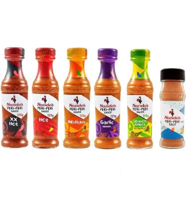 Peri-Peri Salt - 70g & 5 Assorted Multi-Flavours Nando's Sauce 125g (Pack of 6) | Authentic Portuguese Flavors to Spice Up Your Meals | Hot and Spicy Condiments