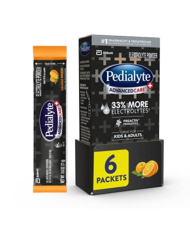 Pedialyte AdvancedCare Plus Electrolyte Powder with 33% More Electrolytes and PreActiv Prebiotics Orange Breeze Electrolyte Drink Powder Packets 0.6 oz 6 Count