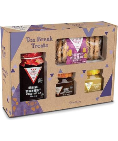 Cottage Delight - Tea Break Treats - Original Strawberry Whole Fruit Jam 340g - Crunchy Chocolate Biscuits 150g - Our Classic Lemon Curd 105g - Classic Orange Thin Cut Marmalade 113g