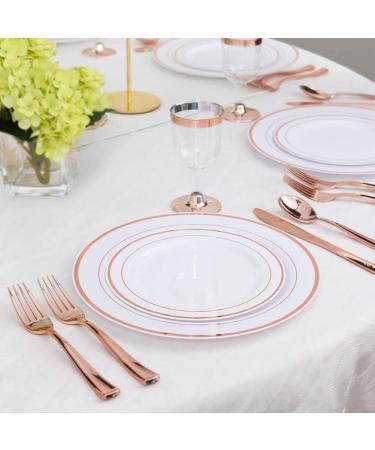 WDF 125PCS Rose Gold Plastic Silverware & Disposable Plates Set - Ideal for Wedding, Party, Christmas - Includes 25 Dinner Plates, 25 Salad Plates, 25 Forks, 25 Knives, 25 Spoons - Buy Online on SooperMarket.com
